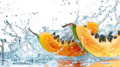 Papaya and water splash isolated on white background