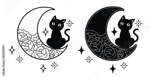 Mystical Black Cat Sitting on the Crescent Moon with Rose and Stars, Silhouette Design, Cute Kawaii Style Cartoon.