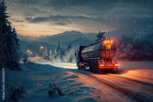 Happy milk tank truck driver on a luminous wintery night journey photo
