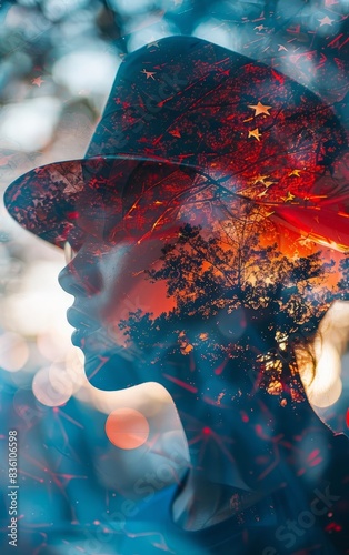 A double exposure portrait of a woman with a hat, with trees and sunset in the background. photo