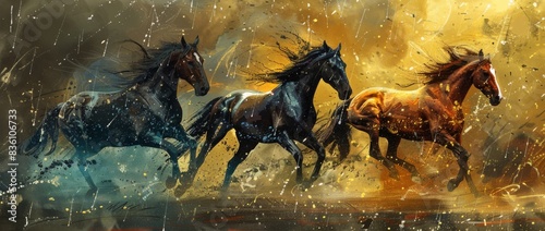 a painting of three horses of different colors running down the road  beautiful backdrop