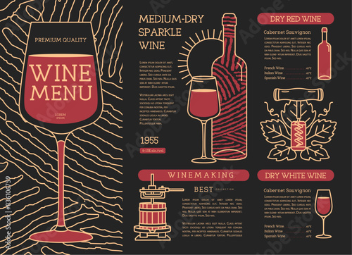Restaurant wine menu design. Line art modern vector illustration