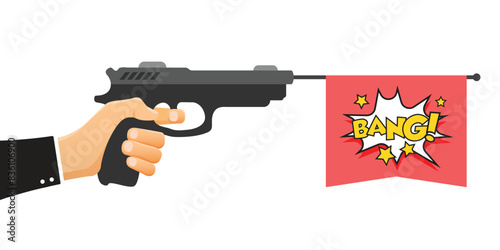 Hand holding pistol gun with bang text icon in flat style. Firearm symbol vector illustration on isolated background. Rifle ammo sign business concept.