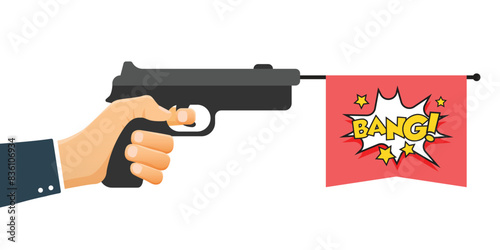 Hand holding pistol gun with bang text icon in flat style. Firearm symbol vector illustration on isolated background. Rifle ammo sign business concept.