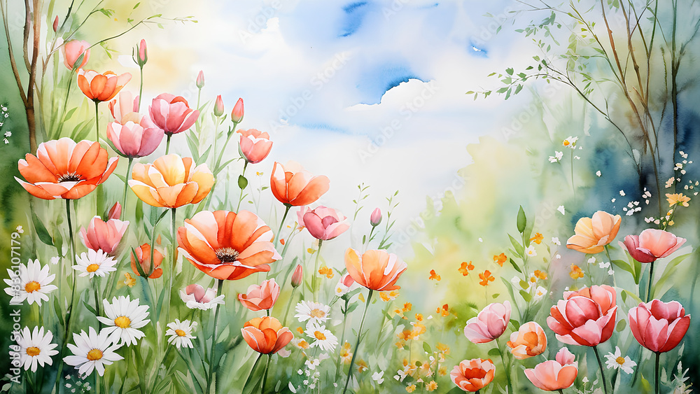 A soft watercolor painting of a tranquil garden filled with various flowers like roses, daisies, and poppies, set against a bright sky. A soft watercolor painting of a tranquil garden filled with various flowers like roses, daisies, and poppies, set against a bright sky.