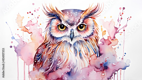 Ethereal Owl - A stunning watercolor painting of an owl with large, expressive eyes, surrounded by splashes of vibrant colors, creating a magical and dreamlike atmosphere. © Dararat