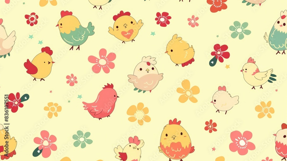  a pattern of cute cartoon chickens, square-box bearing fairies, enchanted animation style, vibrant anime illustrations