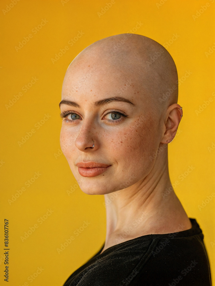 Obraz premium Bald young woman with a bright personality. Stylish bald-headed person on yellow background