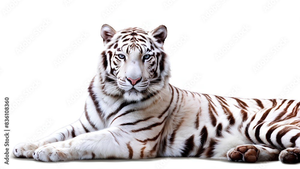 Majestic Rest - A stunning white tiger rests with its front paws crossed and head held high, exuding a serene and regal expression. The contrast of its bold stripes against the pristine white backgrou Majestic Rest - A stunning white tiger rests with its front paws crossed and head held high, exuding a serene and regal expression. The contrast of its bold stripes against the pristine white backgrou