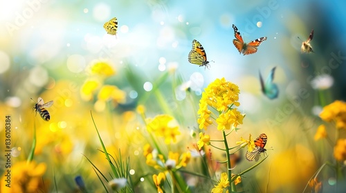 Peaceful Spring Landscape with Yellow Canola Flowers in Full Bloom and Beautiful Bees and Butterflies Fluttering Around, Capturing the Serene and Delicate Beauty of Nature in a Macro Shot © Bella