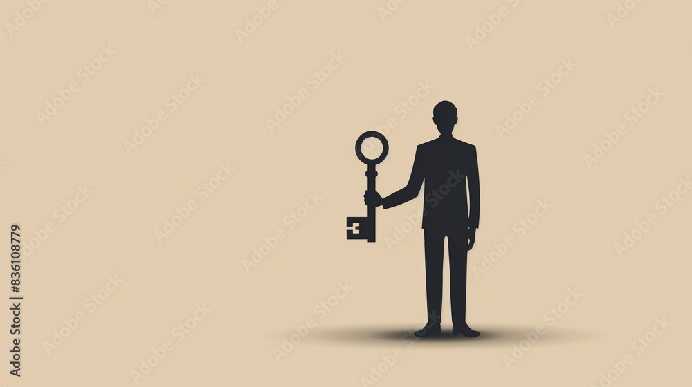 human black silhouette holding a big house key on a light beige background human black silhouette holding a big house key on a light beige background