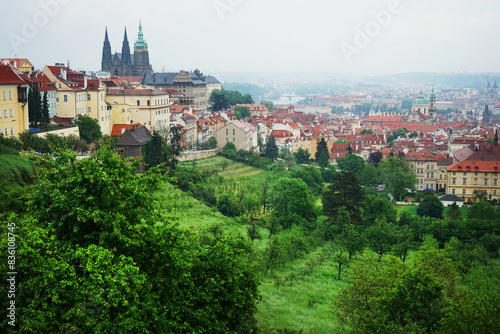 View of the old town of Prague and a green garden with vineyards and trees on a gloomy day