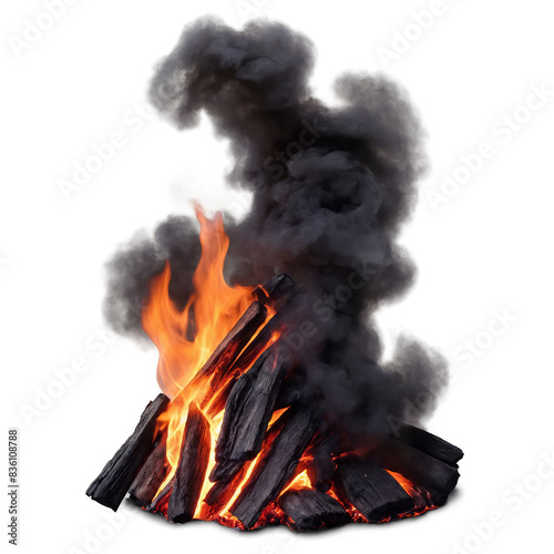 A realistic rendering of a fire with dense, dark smoke on a transparent, white background, png photo