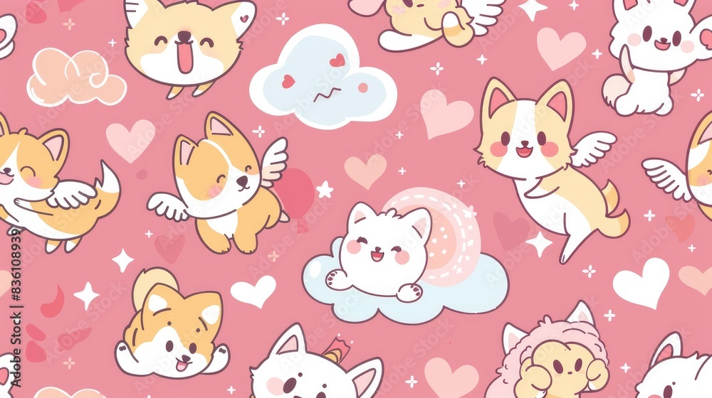 a pattern of cute cartoon dogs, winged hearts in the sky, enchanted anime creatures, happy anime illustrations a pattern of cute cartoon dogs, winged hearts in the sky, enchanted anime creatures, happy anime illustrations