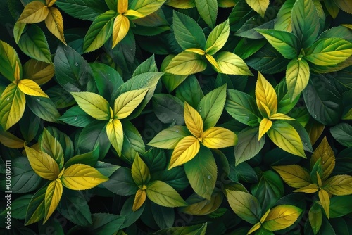 A vibrant and colorful pattern of green and yellow leaves, perfect for nature backgrounds and botanical designs.