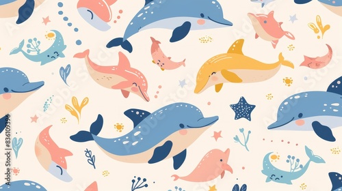  a pattern of cute cartoon dolphins, square-box flying wonders, enchanted character aesthetics, anime illustrations for kids