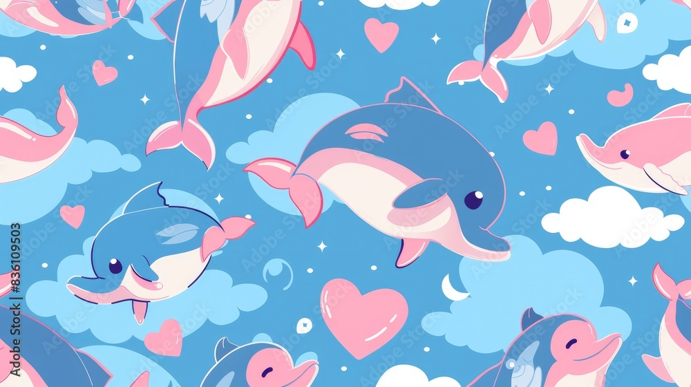 Naklejka premium a pattern of cute cartoon dolphins, winged hearts of fantasy, enchanted character aesthetics, lively anime illustrations