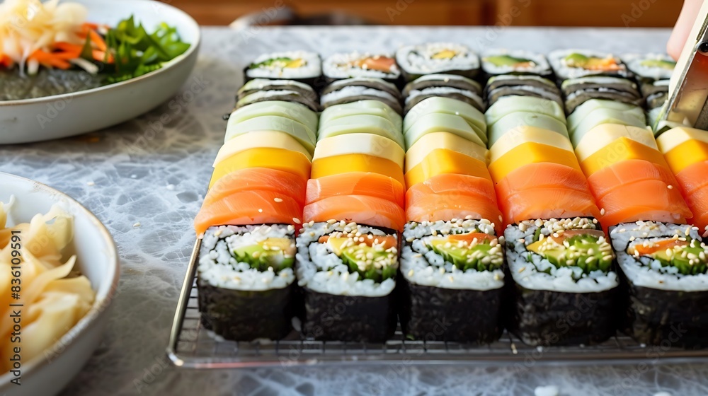 Demonstrate making futomaki at home, with close-up shots of layering the ingredients on nori and rolling the thick sushi rolls. Show the vibrant cross-section when the rolls are cut Demonstrate making futomaki at home, with close-up shots of layering the ingredients on nori and rolling the thick sushi rolls. Show the vibrant cross-section when the rolls are cut