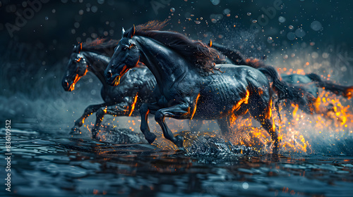 Majestic Horses Running in Open Desert against Black Background photo