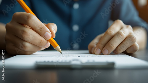 A close-up shot of a hand holding a yellow pencil and writing on a piece of paper. The hand is in focus, while the rest of the image is blurred, suggesting concentration and focus