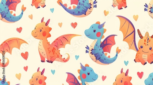 a pattern of cute cartoon dragons, winged hearts delivering, handcrafted fantasy art, happy anime illustrations