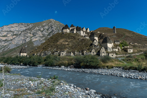 Necropolis near settlement Dargavs. Dargavs Village: City of the Dead. North Ossetia - Alania Republic, Russia. photo