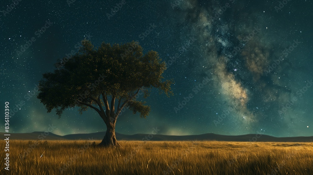 A solitary tree tall in a vast meadow, with a milky way galaxy in the night sky above