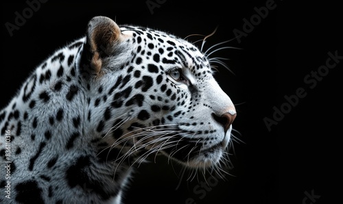 head profile closeup of spotted white silver jaguar isolated on black background with copyspace area, Generative AI