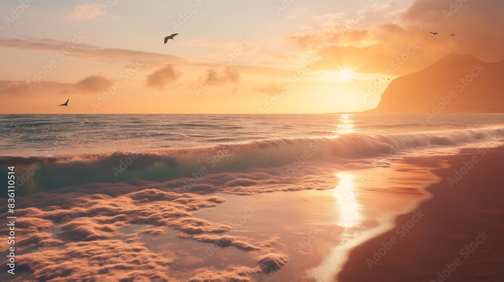 A tranquil beach at sunset, with waves gently lapping against the shores and seagulls the distance A tranquil beach at sunset, with waves gently lapping against the shores and seagulls the distance