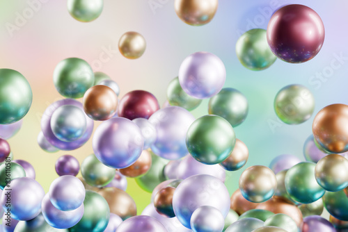 Colorful shiny spheres floating in a pastel background. 3d rendering
