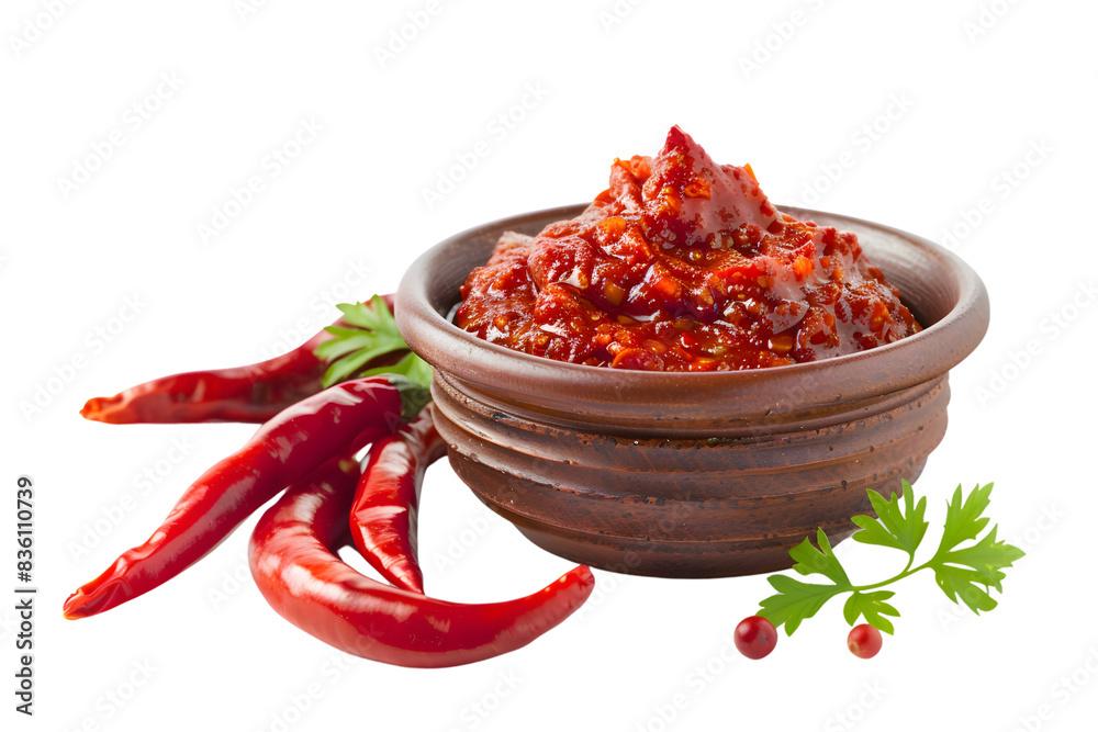 A bowl of spicy red chili sauce with fresh red chili peppers and green garnish on a white background, perfect for culinary uses. A bowl of spicy red chili sauce with fresh red chili peppers and green garnish on a white background, perfect for culinary uses.
