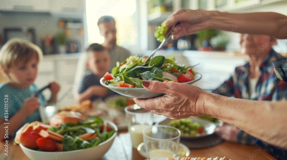 Healthy hands, lunch, and potato salad in family house for celebration or dining room. Celebrate with family, meal, party, salad plate, or helping hand at table for nutrition. Healthy hands, lunch, and potato salad in family house for celebration or dining room. Celebrate with family, meal, party, salad plate, or helping hand at table for nutrition.