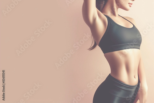 fit woman posing in black sportswear set against neutral background showcasing fitness and athleticism 