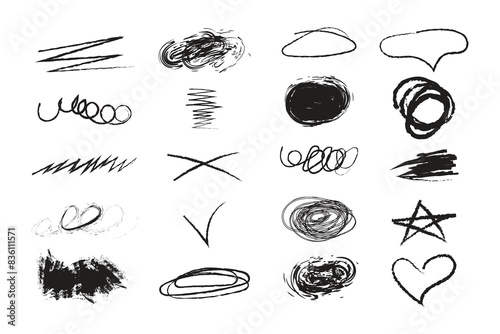 Set of vector grunge strokes, stripes, scribbles, sketches hand drawn with a marker, pencil, pen, brush