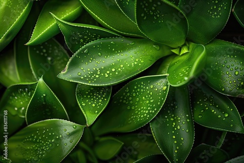 Close-up image of lush green leaves with water droplets. Perfect for nature backgrounds, gardening themes, and fresh green plant visuals.