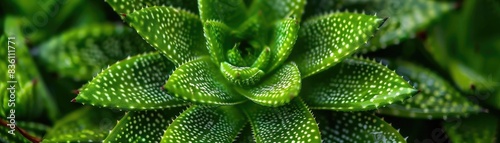 Close-up of vibrant green succulent plant with textured leaves, showcasing intricate natural patterns and lush greenery in a serene setting.