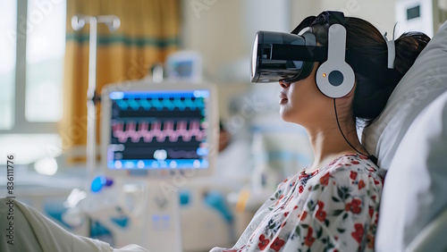 Female patient wearing VR headset lying in hospital bed.