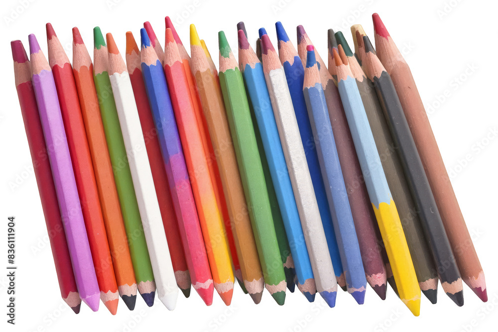 An array of brightly colored pencils with varying lengths, on a transparent white background in png format An array of brightly colored pencils with varying lengths, on a transparent white background in png format