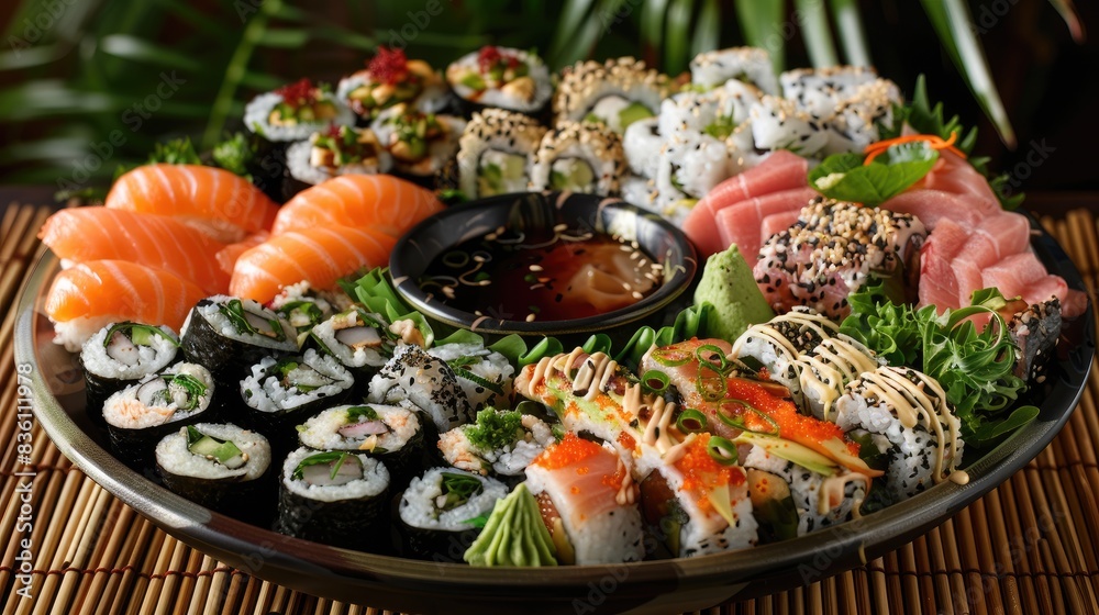 A beautiful platter of assorted sushi rolls with dipping sauces and garnishes on a bamboo table A beautiful platter of assorted sushi rolls with dipping sauces and garnishes on a bamboo table