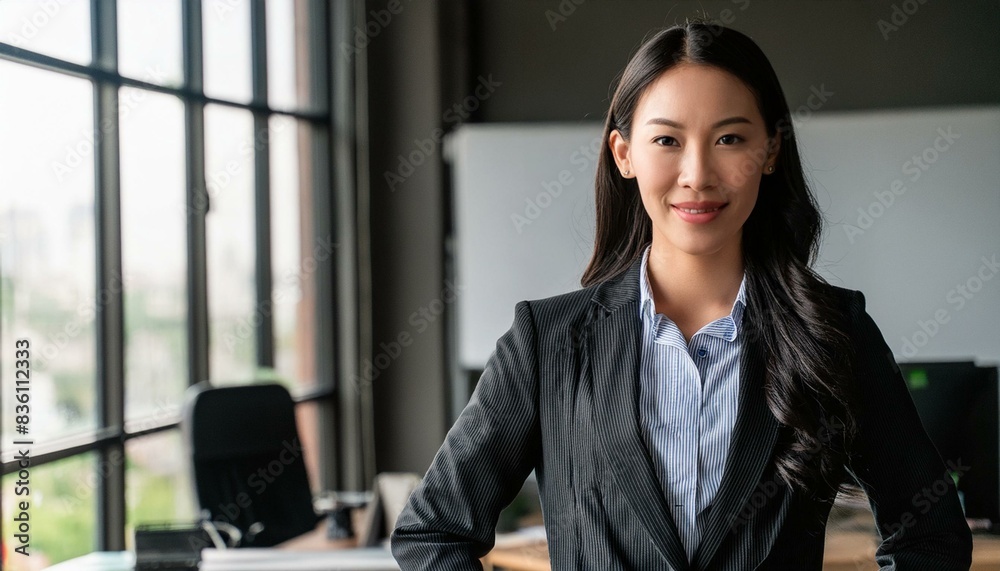 Elegant and confident young Korean businesswoman A proud leader, this intelligent Asian businesswoman, lawyer or company executive is standing in her office and looking at the camera Elegant and confident young Korean businesswoman A proud leader, this intelligent Asian businesswoman, lawyer or company executive is standing in her office and looking at the camera
