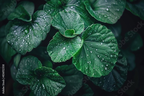 Close-up of lush green leaves covered in water droplets, showcasing the beauty of nature and the refreshing aftermath of rain.