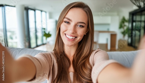 Free Download Selfie of happy young millennial pretty woman smiling at camera in living room in modern home. - GFXLoad