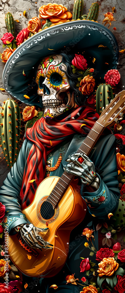 Fototapeta premium A man dressed in a sombrero and playing a guitar. The man is surrounded by flowers and a skeleton
