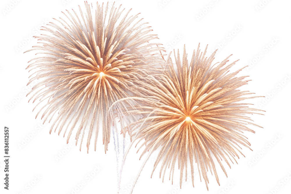 Obraz premium Three golden firework bursts with delicate trails on a transparent, png, white background, suitable for festive designs