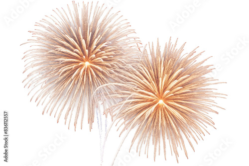 Three golden firework bursts with delicate trails on a transparent, png, white background, suitable for festive designs photo