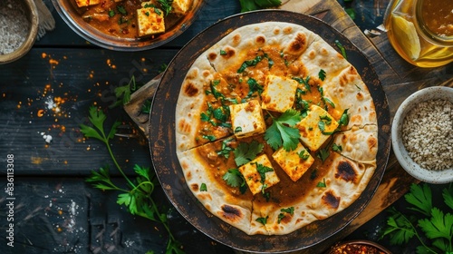 Kerala style homemade wheat flatbread with layers served with Paneer curry seen from above photo