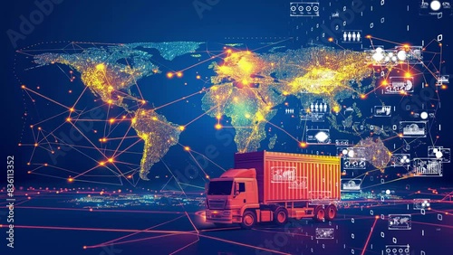 High-tech logistics truck on a digital map background, representing global supply chain and connectivity