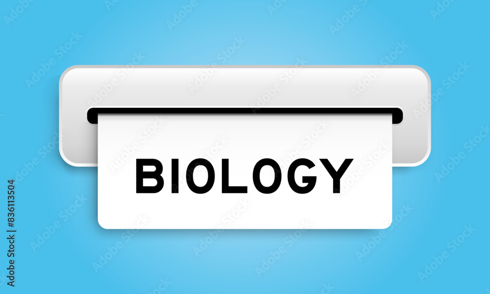 White coupon banner with word biology from machine on blue color background White coupon banner with word biology from machine on blue color background