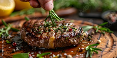 Hand-Decorated Steak with Herbs. Concept Recipe, Cooking Techniques, Seasoning Tips, Presentation Ideas, Culinary Art photo