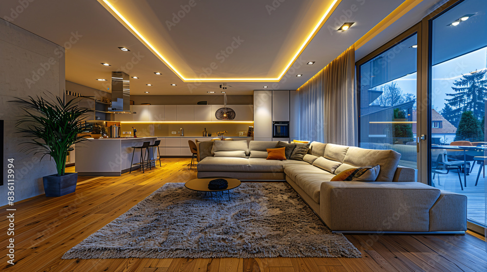 Spacious living room with parquet flooring, contemporary furniture, and a warm color scheme Spacious living room with parquet flooring, contemporary furniture, and a warm color scheme